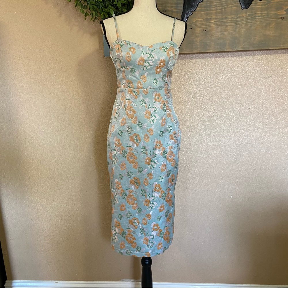 NWOT Lulus Enviable Aesthetic Light Blue Floral Jacquard Bustier Midi Dr… - Picture 2 of 11
